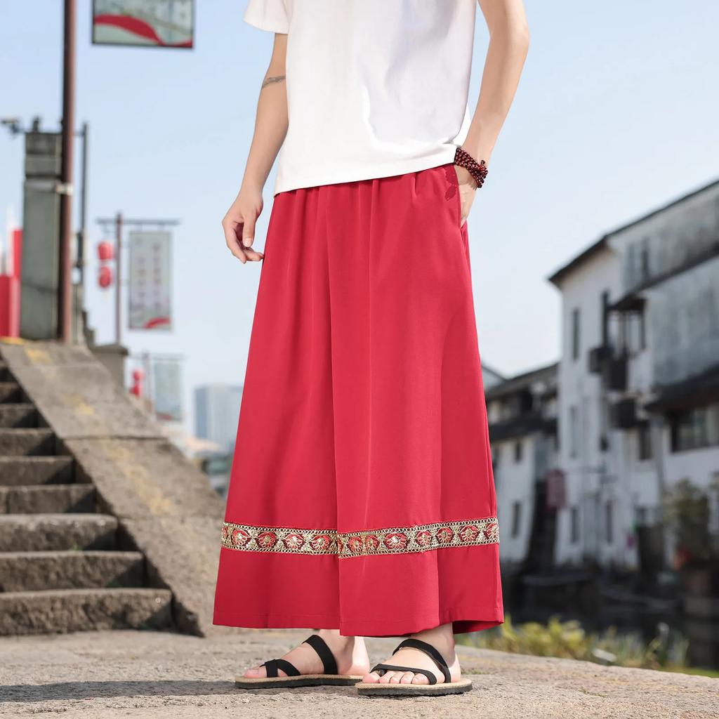 Spring Men Jacquard Embroidered Flower Pants Wide Leg Pants Women Vintage Chinese Style Bottoms Ethnic Style High Waist Trousers