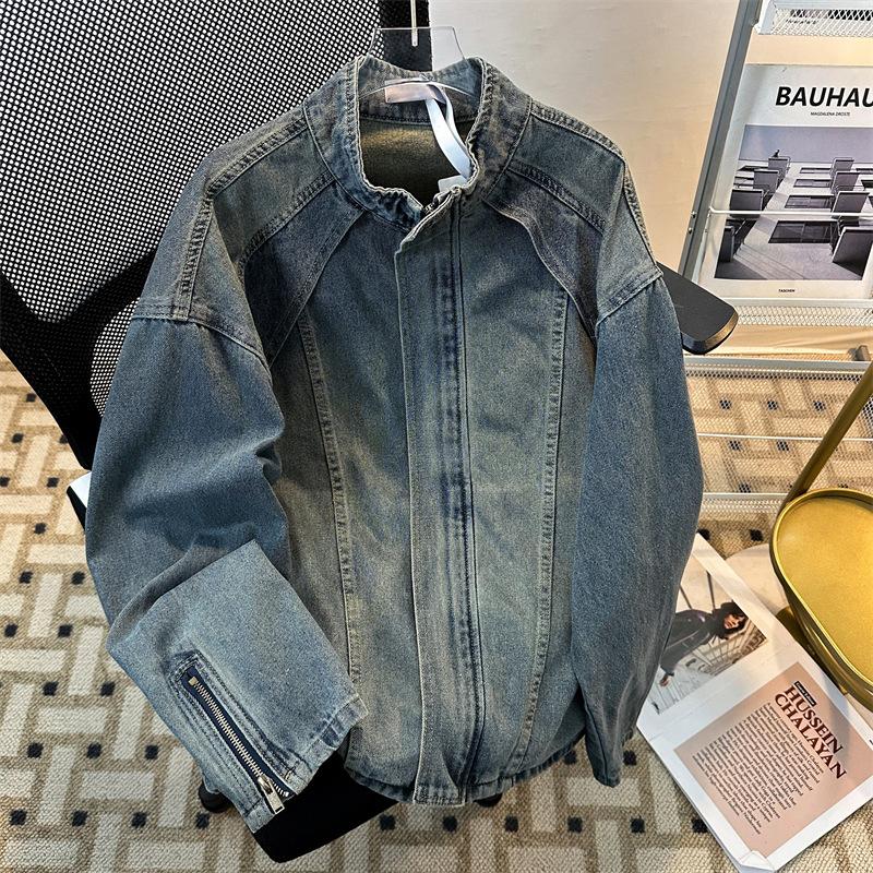 

Men s Spring and Autumn Vintage Washed Stand Collar Denim Jacket Men s and Women s Couples Distressed Loose Jackets 3XL