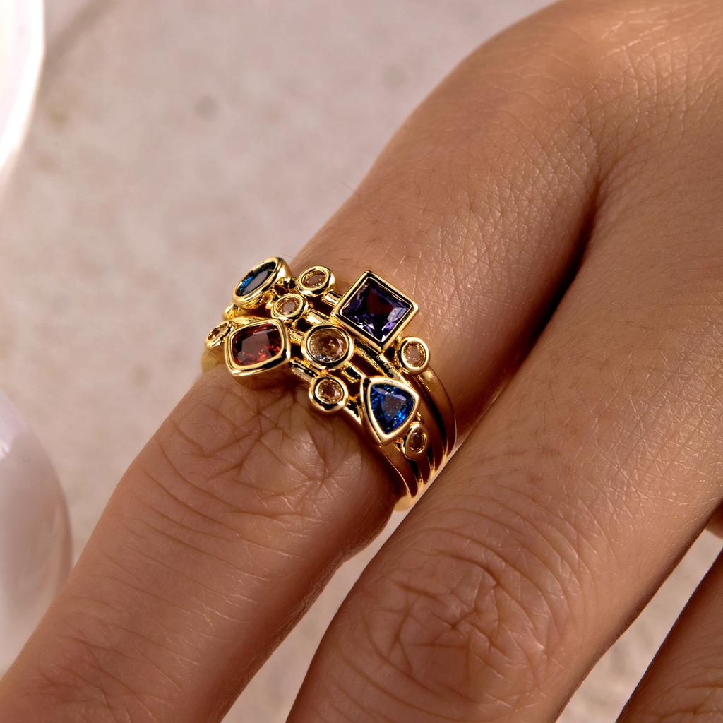 Vintage Geometric Colorful Zircon Rings For Women Luxury Gold Color Copper Knuckle Ring Female Wedding Party Charm Jewelry Gift
