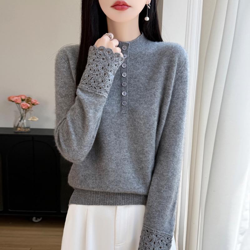 2025 Korean Style Women's Heavy Knit Wool Sweater: Versatile Hollow-Out, Half-High Neck, Slimming Base Layer