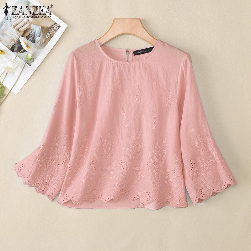 ZANZEA Bluză de damă casual cu broderie, dantelă patchwork, largă, cu gât rotund și mâneci 3/4