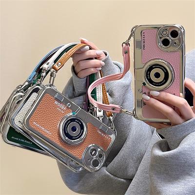 Luxury 3d Plating Camera Leather Lanyard Starp Phone Case For Iphone 14 13 12 11 Pro Max Litchi Pattern Shockproof Soft Cover