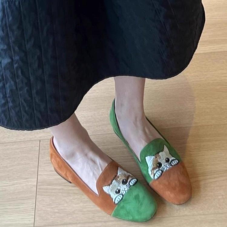 Fashion Luxury Designer Women's Retro Kitten Flats Slip-On Bean Style Comfortable Bean Shoes Cat Round Toe Shoes Internal Height 4cm