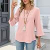 Women's V-Neck Lace Blouse Three-Quarter Sleeve Casual Top for Daily Wear