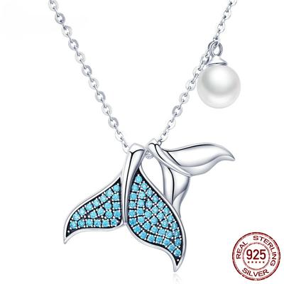 Collana Ciondolo Coda di Sirena Blu in Argento Sterling S925 Qualità Perla di Conchiglia Perla Gioielli Raffinati da Donna Regalo di Matrimonio