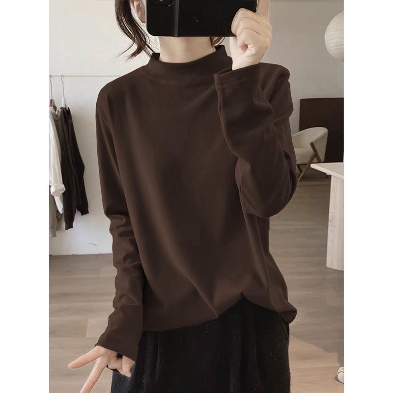 Women's Slimming High Neck Apricot Thermal Fleece Long Sleeve Casual Top - 2026 Autumn/Winter Collection