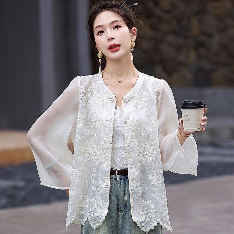 

Женская короткая куртка в стиле ретро с вышивкой, весна/осень 2025: Легкий, Защита от солнца XXL грязно-белый