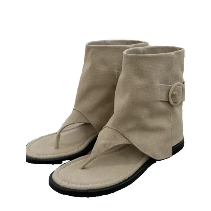 New 2025 Summer Women Sandals Boots Fashion Open Toe Flats Sheepskin  Retro High Top  Street Shoes Zapatos De Mujer