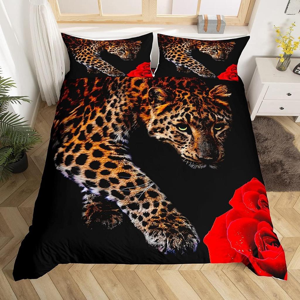 Leopard Bedding Set Wild Cheetah Comforter Cover Rose Romantic Floral Duvet Cover For Boys Girls Room Decor Twin Full Queen King