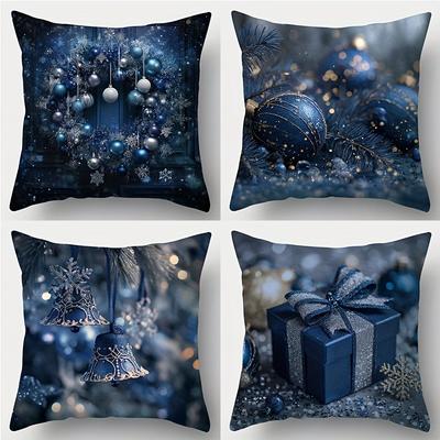 Christmas Blue Theme Pillowcases: Festive Decor with Ornaments, Bells, and Gifts Sofa Room Cushion Cover Home Decoration Gift