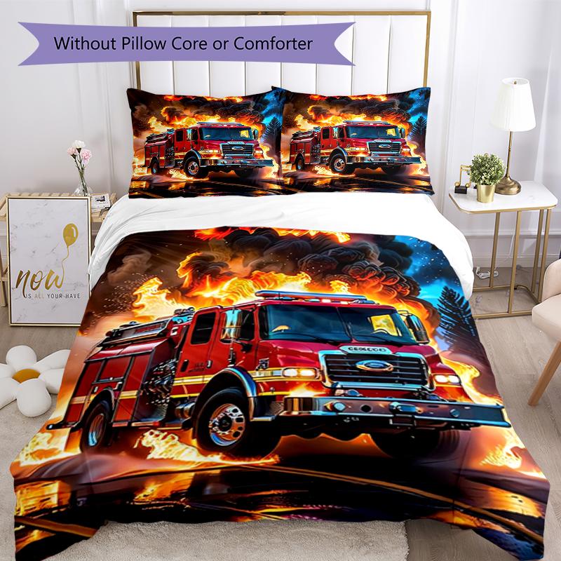 3pcs fire truck Bedding Set Duvet Cover Closure Includes 1 Duvet Cover & 2 Pillowcases, Soft and Comfortable for All Seasons.