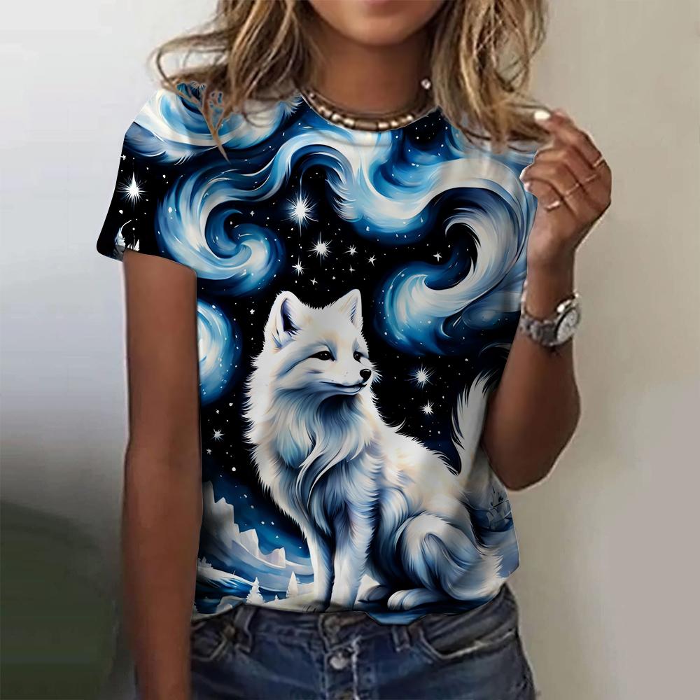 3D Printed Fox Pattern Women's T-shirt Summer Casual Round Neck Top Short Sleeve Loose T-shirt Daily Outing Short Sleeve