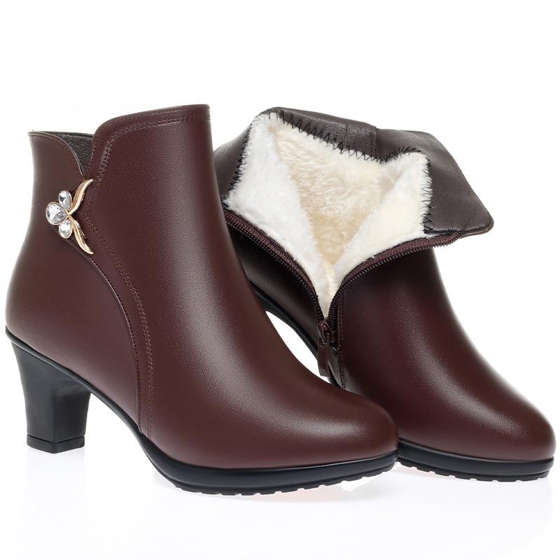 Herbst Winter Neue Hochhackige Kurze Stiefel Damen Dicke Absätze Stiefeletten Hoher Absatz Warme Baumwolle Plüsch Schneestiefel