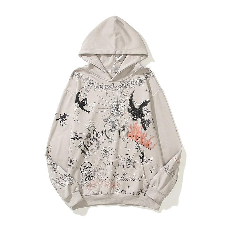 Кросс-бордер Худи с граффити Ангел и Дьявол для мужчин - Ретро-стирка, Модная уличная одежда на осень XL