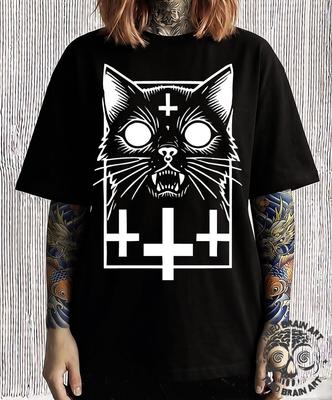 Black Cat Inverted Cross T-Shirt: Gothic Cat Lover Gift