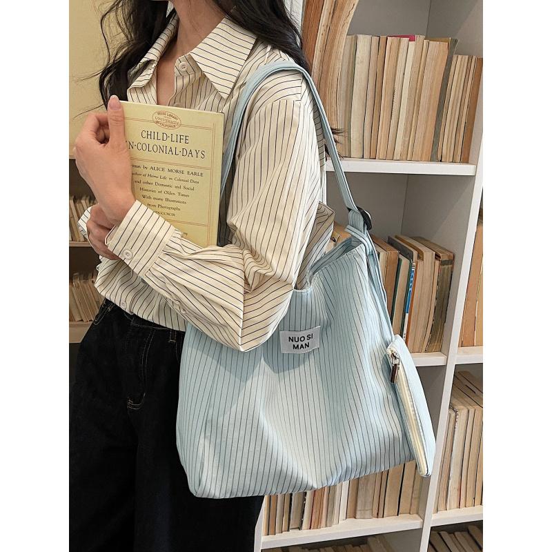 

Striped tote bag for women2026Spring and summer new large-capacity commuter shoulder bag, simple and versatile canvas crossbody брудно-білий