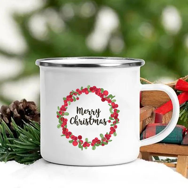 Merry Christmas Print Creative Enamel Coffee Tea Wine Drink Mug Dessert Hot Cocoa Milk Cup Cake Mugs Handle Drinkware Xmas Gifts
