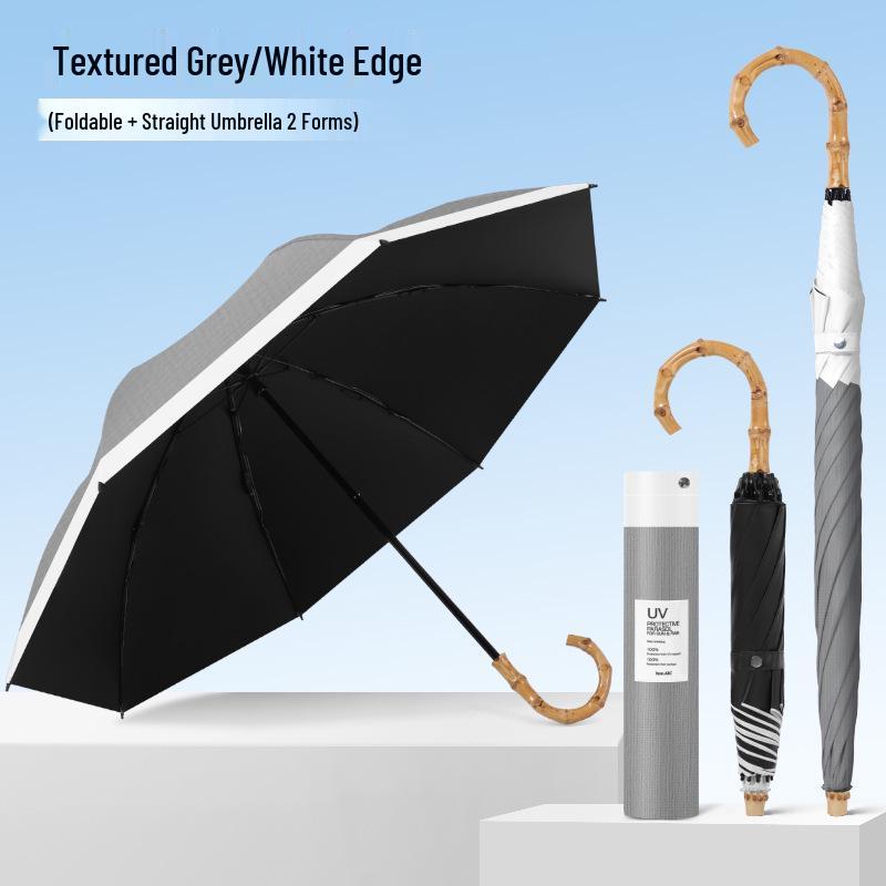 Bamboo Handle Two-Fold Umbrella - Lightweight Black UV Protection and Sunscreen Parasol
