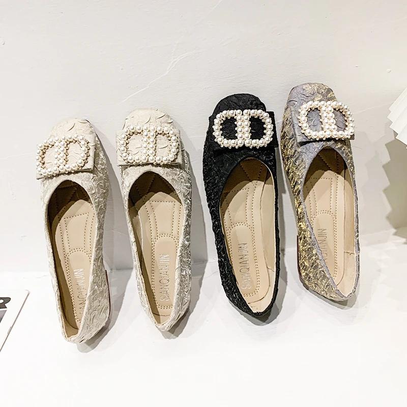 Fashion 2024 New Spring and Autumn Square Head Shallow Women's Shoes Low Heel Fashion Soft Sole Women's Shoes Flat Pearl Single Shoes