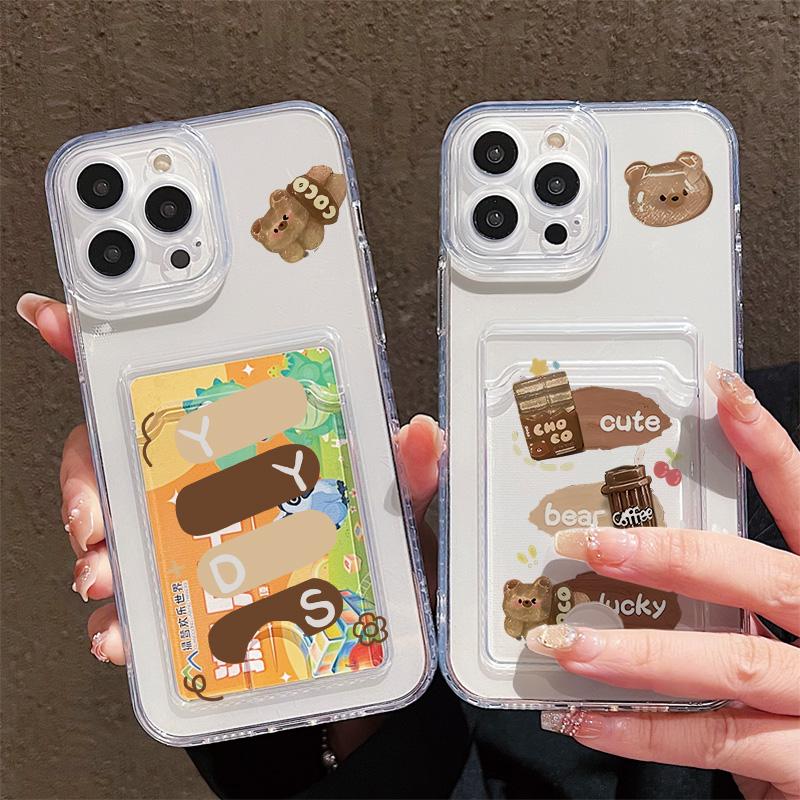 Card Slot Holder Silicone Wallet Pocket Case For Samsung A54 A24 Infinix Note 30 Xiaomi Redmi Note 14 13 12 iPhone 13 14 16 Cover Clear Phone Bumper