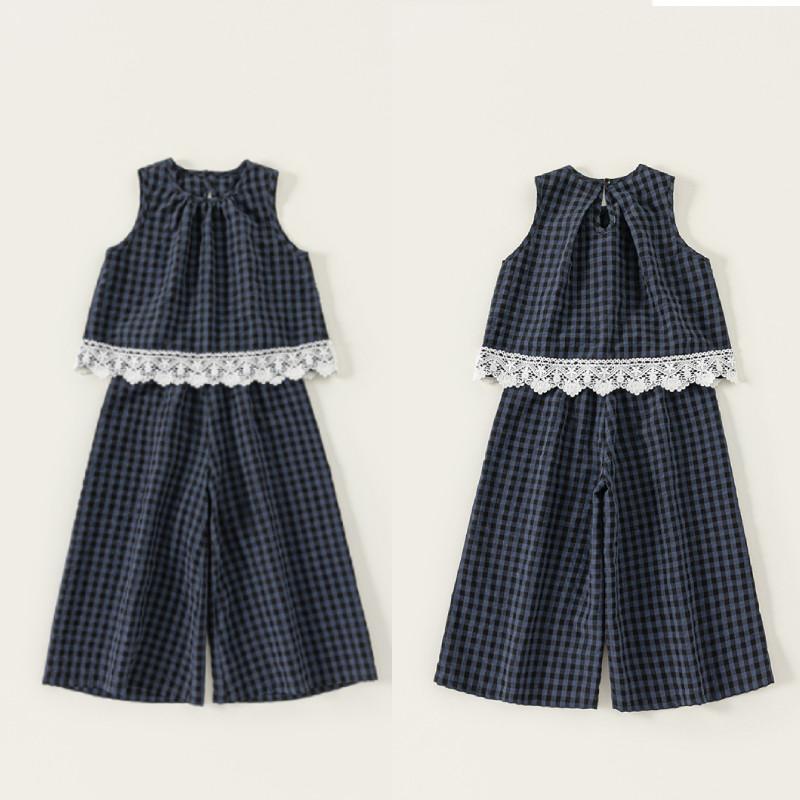 Kid Summer Sleeveless Top And Pants Set With Checkered Pattern And Lace Design For Kids Ages 8 And Up