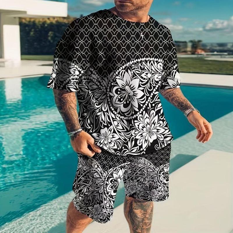 Summer Fashion Men's Suit Casual Ethnic Style 3D Printed Sportswear Short-sleeved Suit Oversized Round Neck T-shirt Shorts 2-piece
