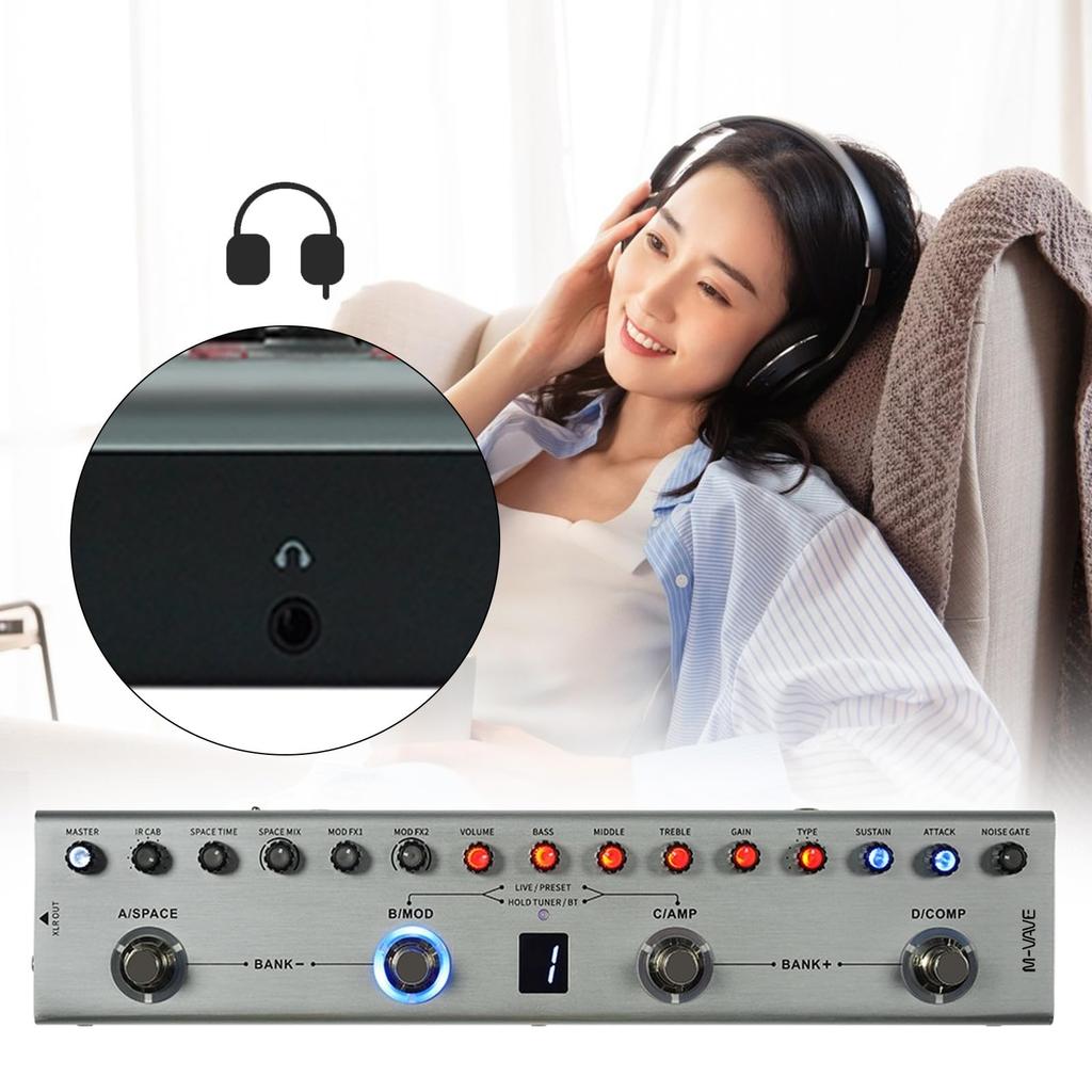 WOYUE Bass Multi-Effect Pedal 3-Band Equalizer XLR Balanced Output 3 Delays 3 Reverbs Bluetooth Type-C Rechargeable Electric Bass