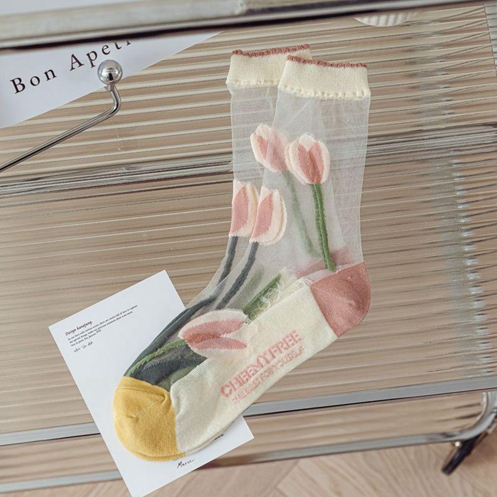 

Crystal Silk Socks Summer Embroidery Flower Socks Middle Tube Socks Women s Socks Tulip Hosiery C