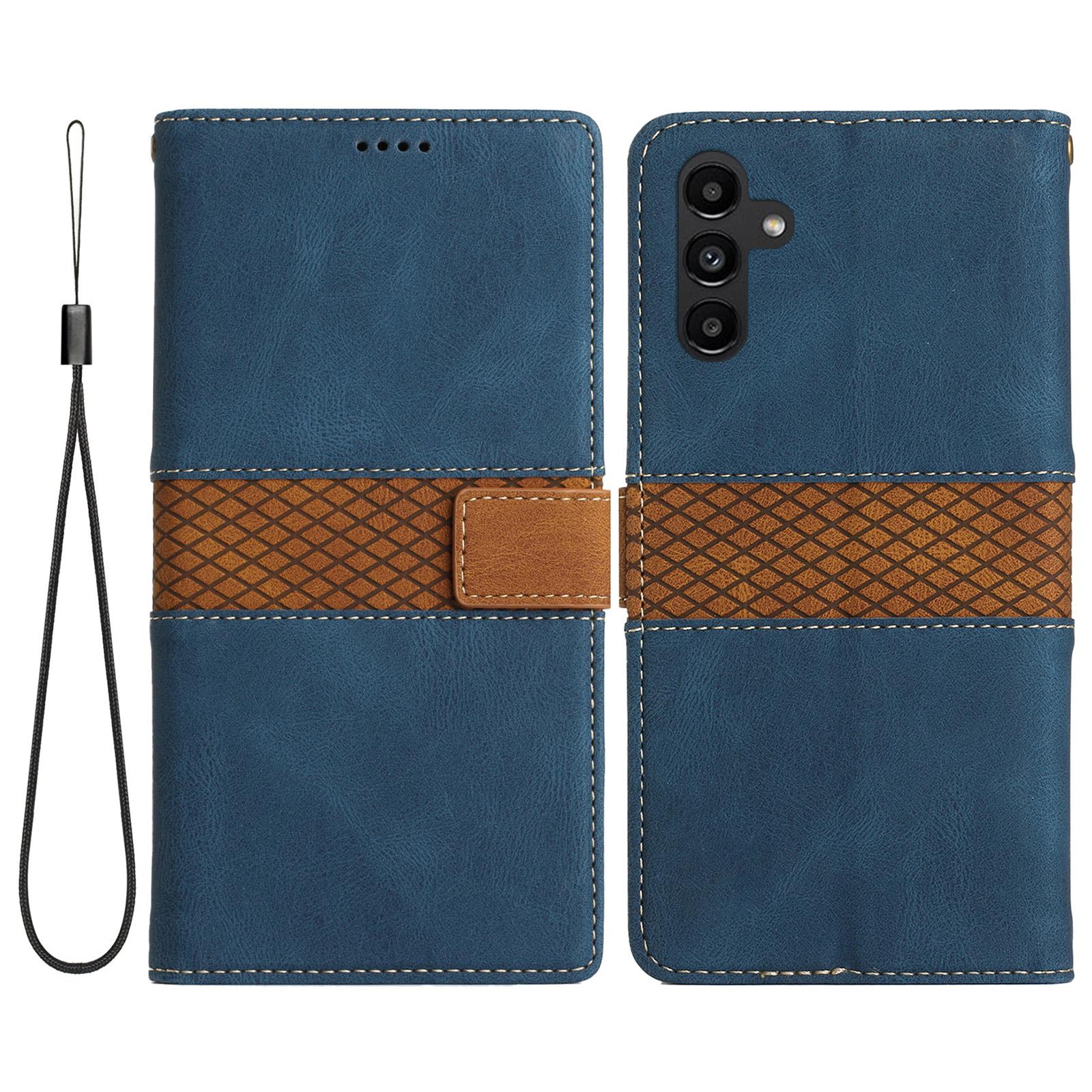 

For Samsung Galaxy A35 5G Leather Case Grid Splicing Stand Wallet Phone Cover Blue