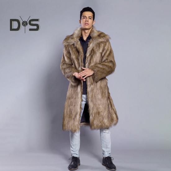 Men Long Faux Fur Overcoat Lapel Long Sleeve Windproof Open Front Coat Thickened Warm Imitation Fur Outwear