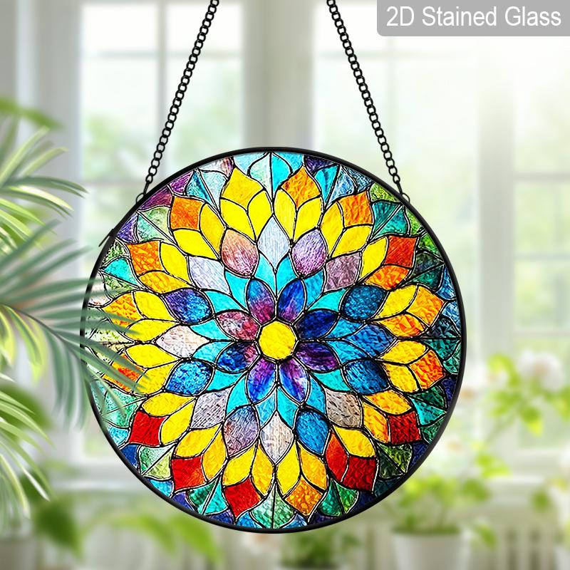 2D Flat Stained Glass Rainbow Mandala Window Decoration, 6.3/7.87inches Colored Glass Plate with Chain, Charming Indoor/Outdoor Sun Catcher Home