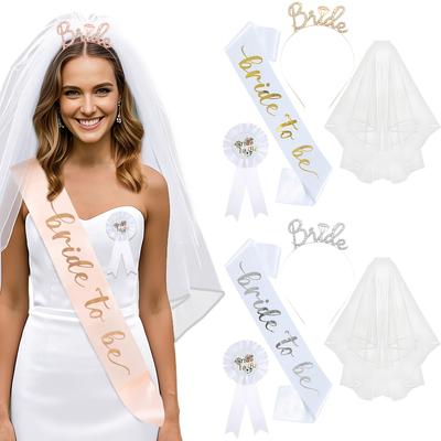 4-piece Set for Singles Parties, Including Bridal Headbands, Shoulder Straps, Headbands, Badges, and a Set, Bride To Be, Wedding Veil