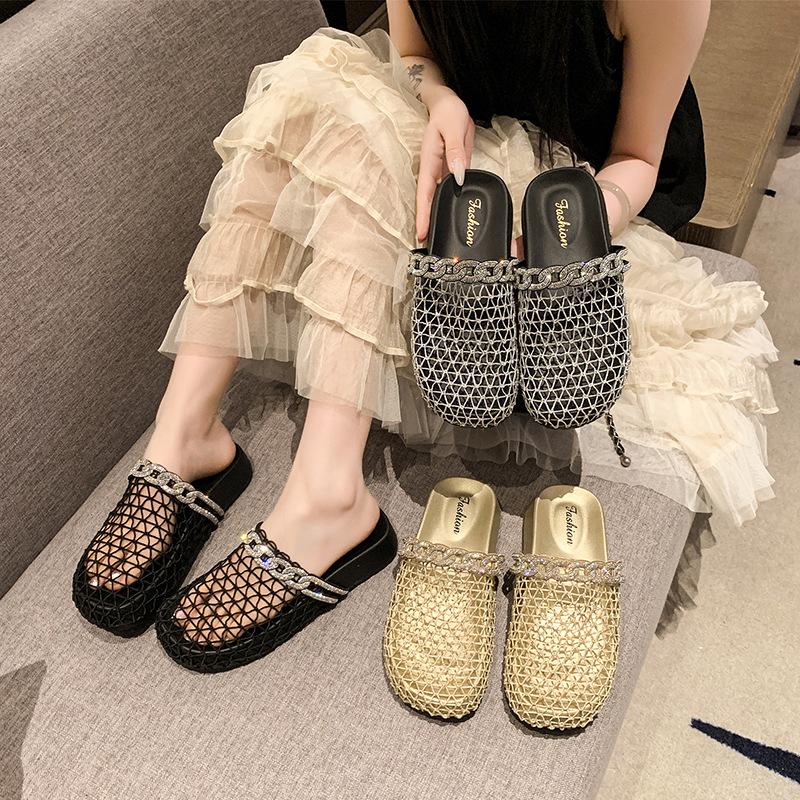 Baotou fishing net half slippers women's outer wear 2025 summer new thick-soled Roman hollow breathable comfortable beach cool slippers