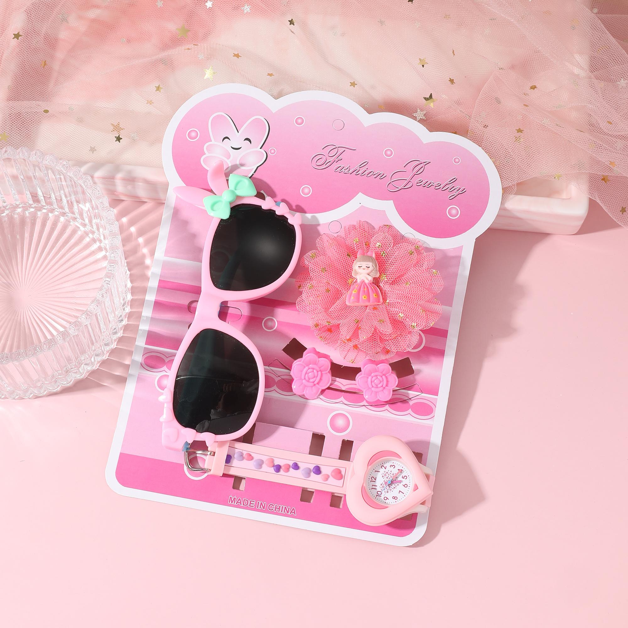 

Высококачественные студенческие часы-браслет из силикона в форме сердца, кварцевые часы, набор из четырех предметов девичьих аксессуаров для волос розовый