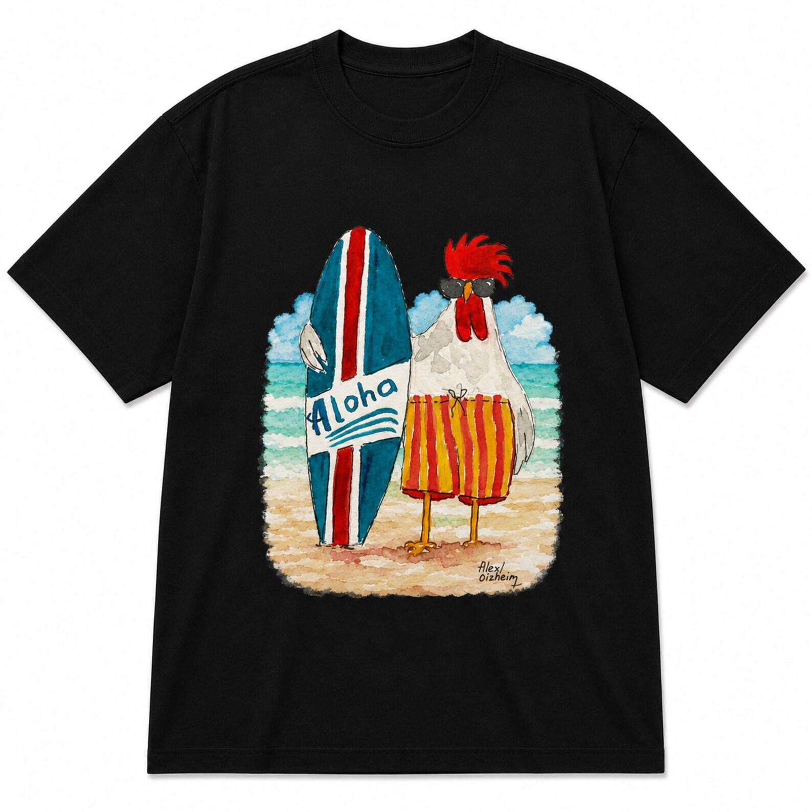 Funny Aloha Chicken Surf T-Shirt – Watercolor Rooster Beach Graphic Tee S