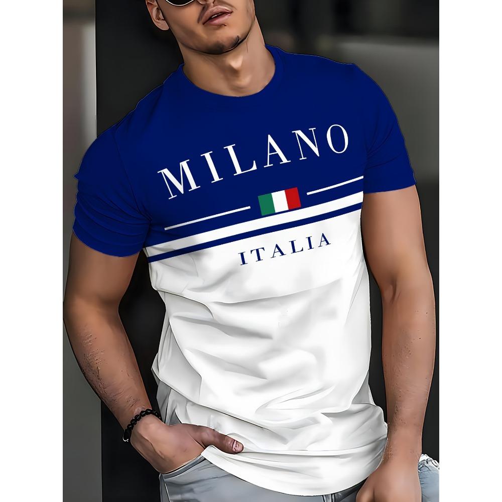 Italia Milano Letter Pattern 3D Prited Men's Tshirts Short Sleeve Casual Tops Mens O-neck T-shirt Boys Loose Streetwear