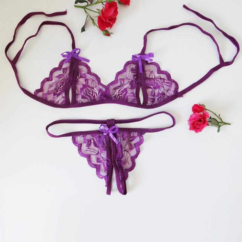 Crotchless Lace Bikini Three Point Female Lingerie Babydoll See Through Glamour Bra+Underwear Sexy Glamour Underwear Set