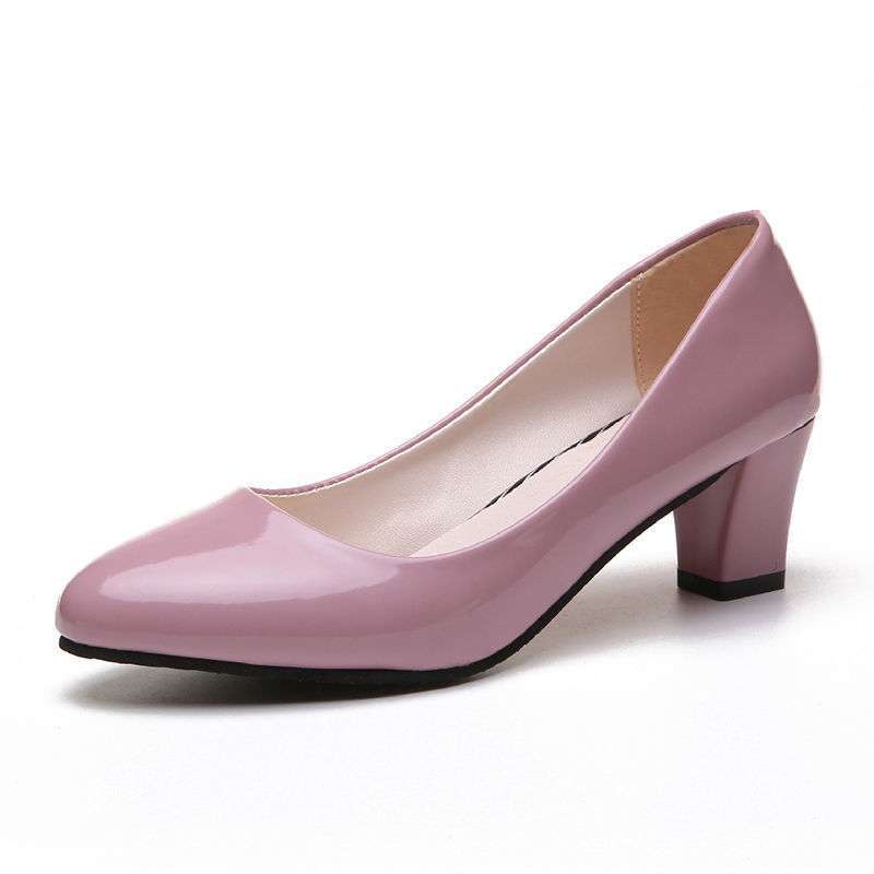 New work single shoes women's casual fashion round head soft leather Korean version medium and high heel leather shoes women's patent leather