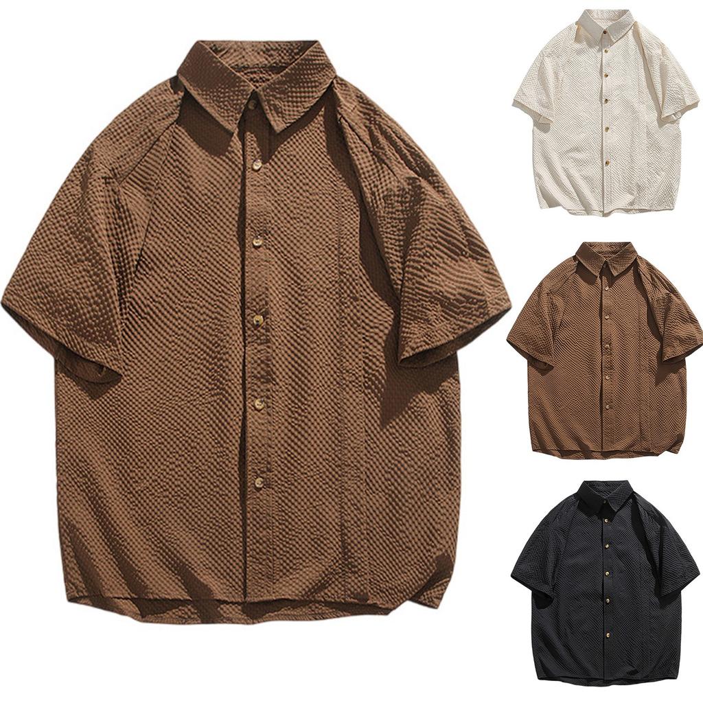 Men's Summer Pleated Seersucker Short-sleeved Shirt Light Shirt Cardigan Shirt