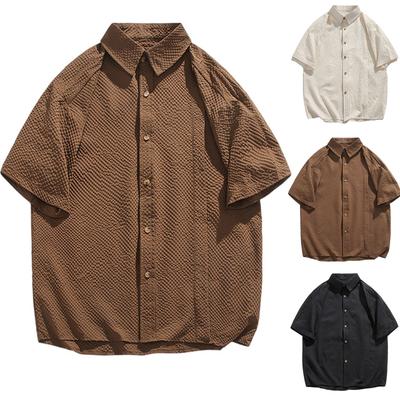 Men's Summer Pleated Seersucker Short-sleeved Shirt Light Shirt Cardigan Shirt