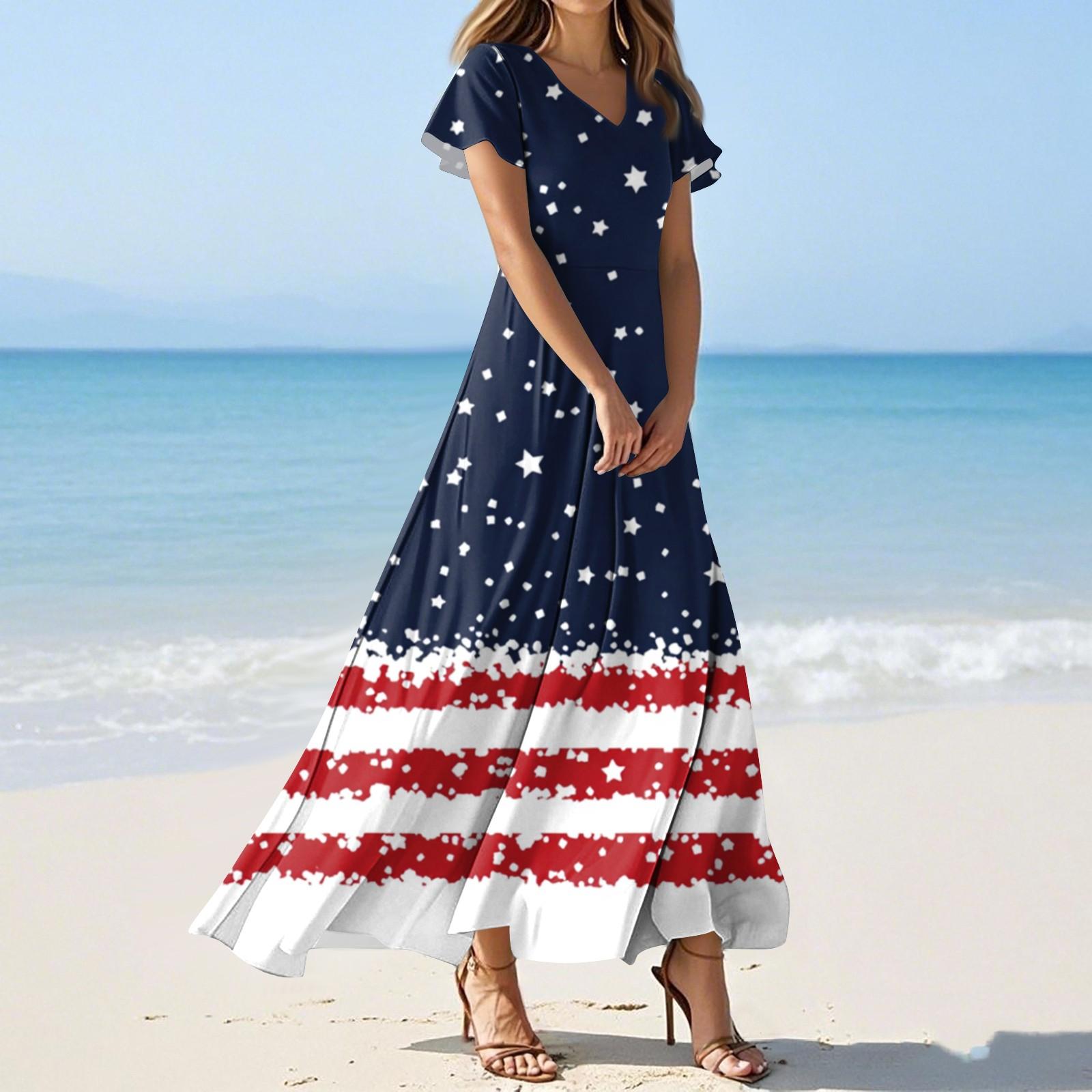 

Жіночі літні повсякденні модні сукні з принтом до Дня Незалежності, з V-подібним вирізом та коротким рукавом S білий