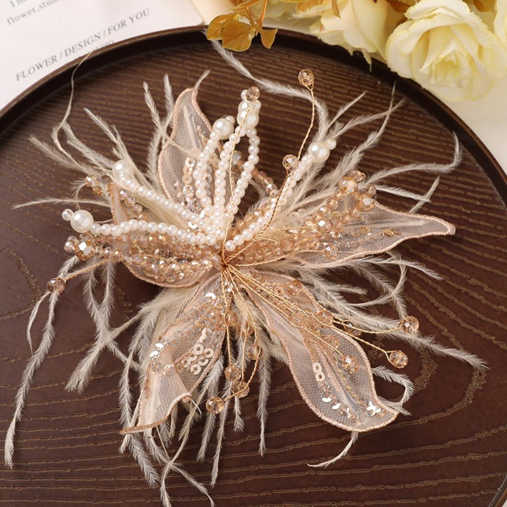 Feather Pearl 3D Organza Flower Patch Twisted Wire Lace Studded Patch Multi-layer Crystal Flower Applique Decorative