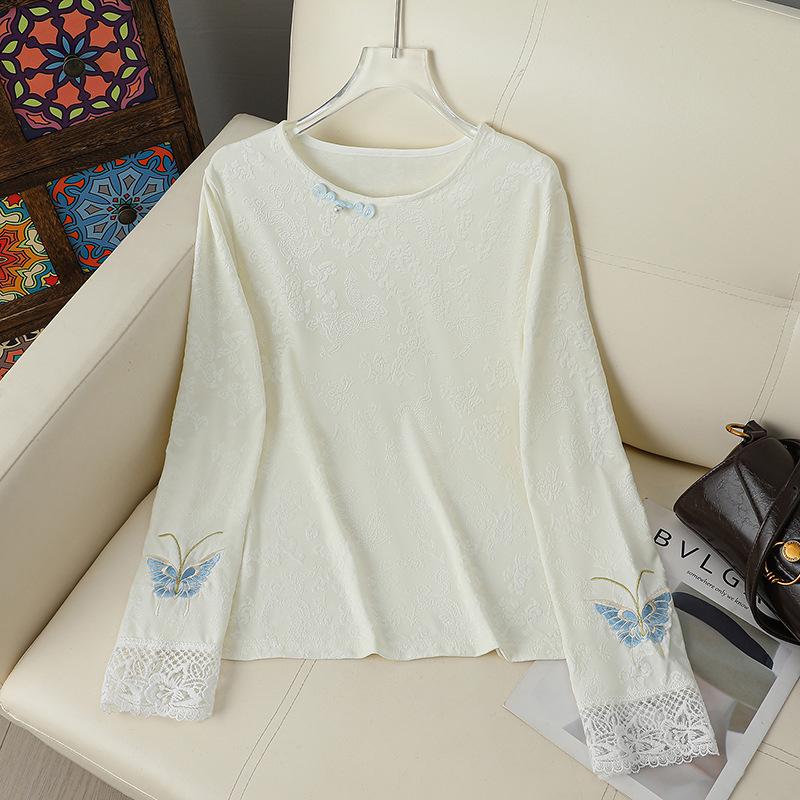 

Elegant Butterfly Embroidered Long Sleeve Round Neck T-shirt 4XL for 145-160 jin білий