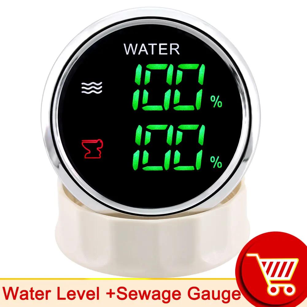 52mm 2in1 Gauge Digital Fuel Level Water Level Gauge With Alarm Water Temp Holding Tank Level Gauge Voltmeter for Car Boat Yach