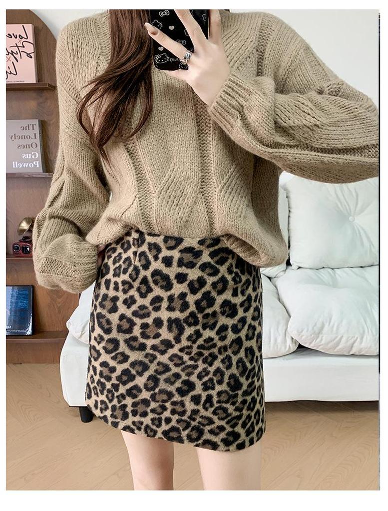 Women's High Waist Leopard Print Woolen Bodycon Skirt - Autumn/Winter 2026 Collection