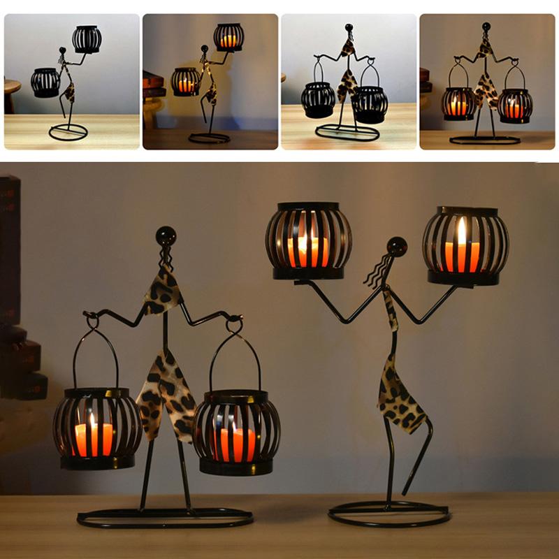 1PC Double Lantern Home Decor Leopard Print Person Abstract Character Sculpture Creative Metal Candlestick Candle Holder