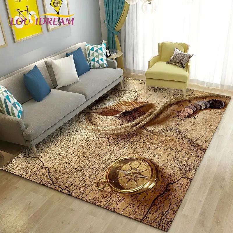 Alfombra retro con diseño de mapa del mundo vintage y brújula, para sala de estar, dormitorio, sofá, decoración, alfombra antideslizante para el suelo