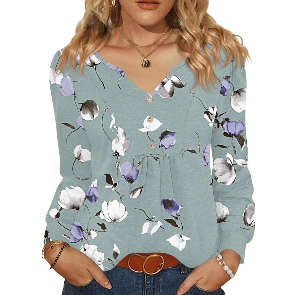 Women's Fashionable Casual V-neck Blouse Button Long-sleeved Pullover T-shirt Top