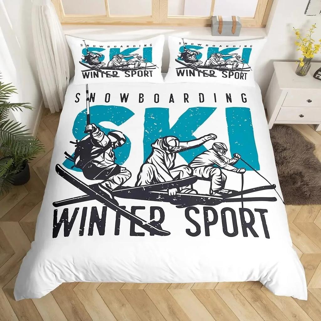 Ski Sport Bettbezug Set Doppelgröße Wintersport Skifahren Bettwäschesets Schneebirgenlandschaft Bettdeckenbezug für Jungen Mädchen