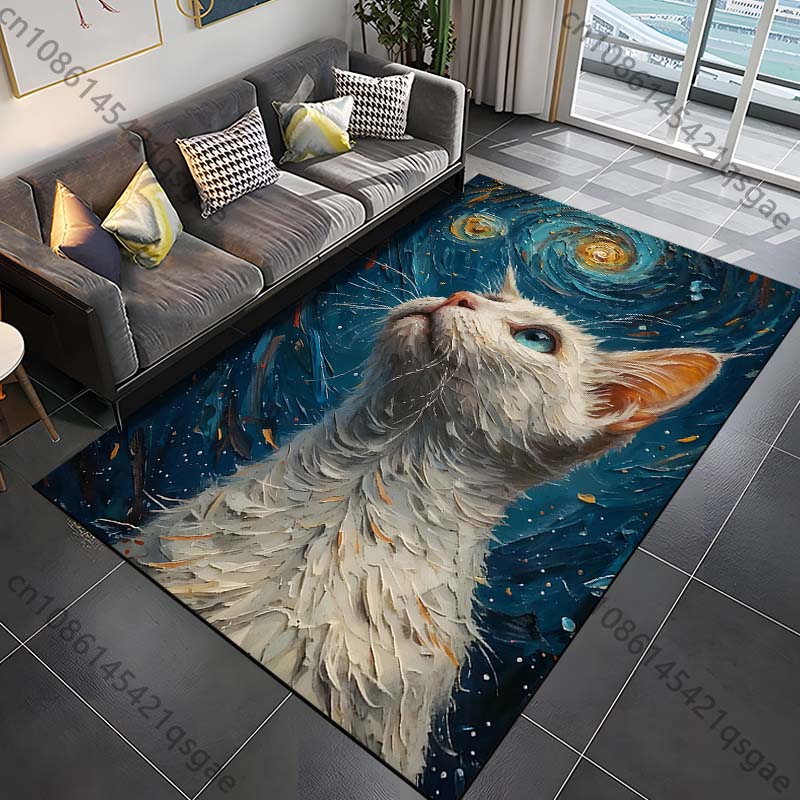 

1PC Cat and starry night artwork Print Carpet Rug for Living Room Bedroom Sofa Doormat Home Decor Non-slip Floor Mat 40cm x 60cm